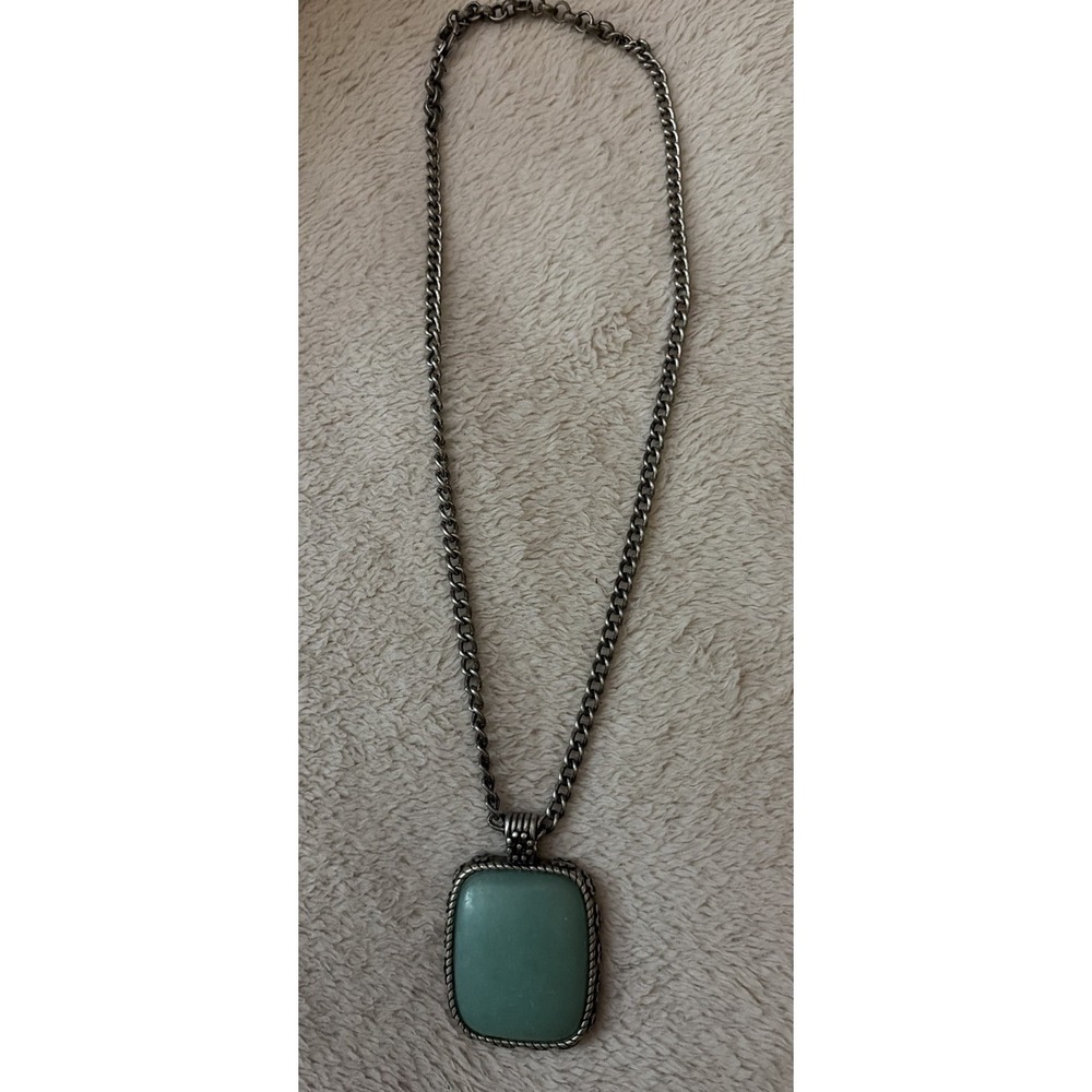 Lucky Brand Green Stone Pendant Necklace Silver Tone Boho